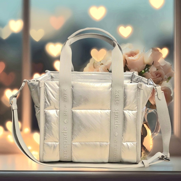 Kate Spade NY Metallic Silver Kip Puffy Small Tote With Crossbody Strap NWT